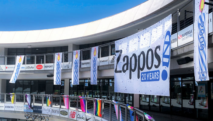 Zappos central plaza with 20th anniversary celebratory banners