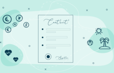 Illustration of a contract surrounded by currency, medical and holiday symbols