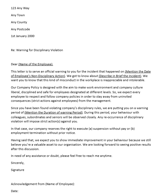 written warning letter to employee example