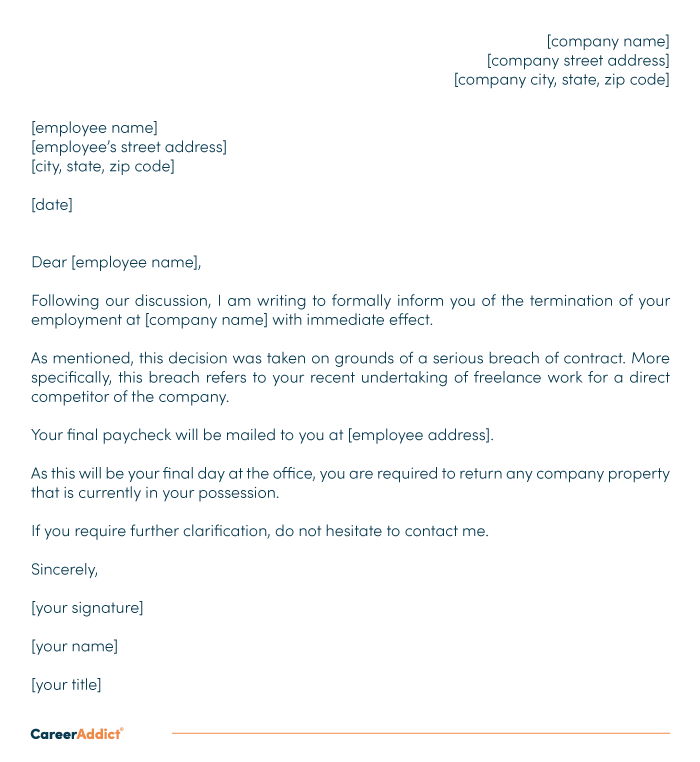 Breach of contract example termination letter